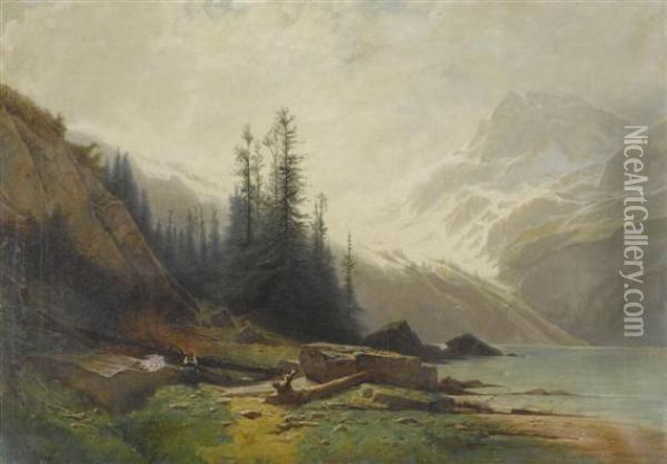 Mountain Landscape With Lake Shore Oil Painting - Gustave Castan
