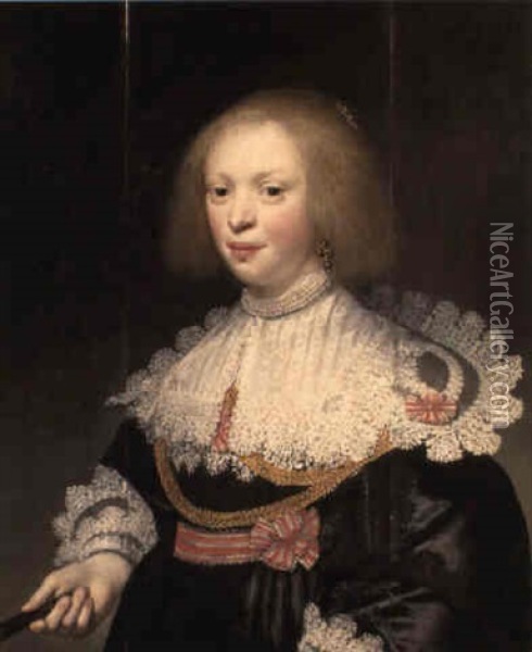 Portrait Of A Lady Wearing A Black Dress And White Collar And Silver Sash Oil Painting - Jan Anthonisz Van Ravesteyn