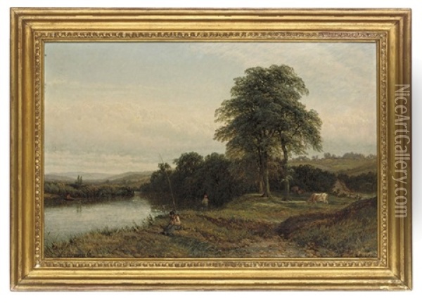 Anglers By A River Oil Painting - Henry Dawson