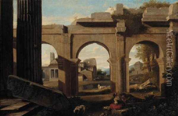 A Capriccio Of Roman Ruins With Figures By A Lake Oil Painting - Niccolo Codazzi