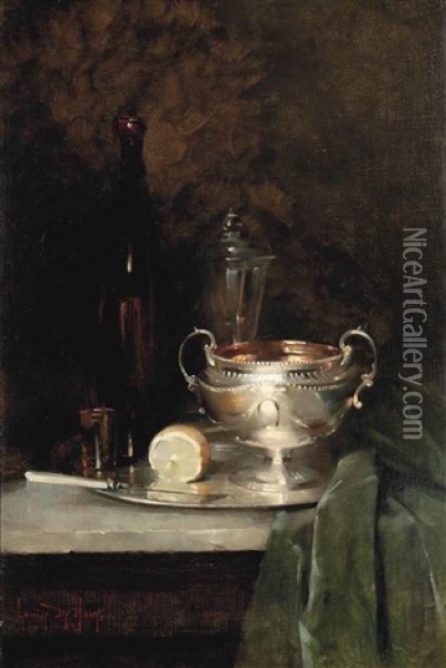 A Silver Bowl, A Lemon, A Knife, A Bottle And A Glass On A Salver On A Draped Marble Ledge Oil Painting - Louise De Hem