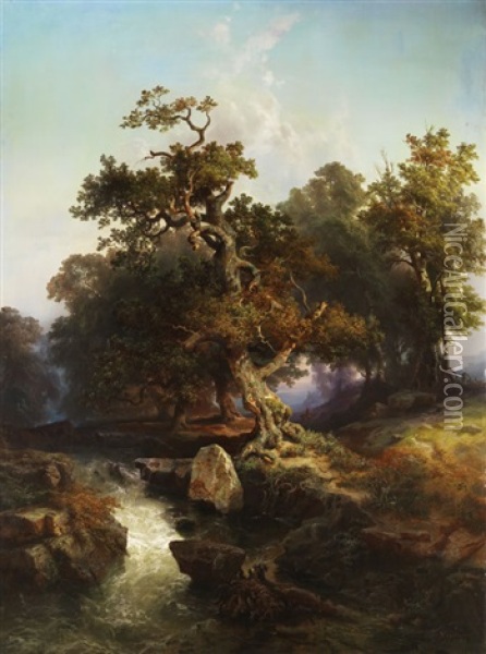 Landschaft Mit Alten Eichenbaumen An Einem Bachlauf Oil Painting - Herman Wilhelm Cellarius