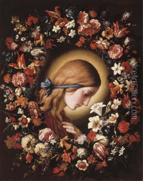 The Virgin Annunciate Surrounded By A Garland Of Flowers Oil Painting - Giovanni Battista Salvi