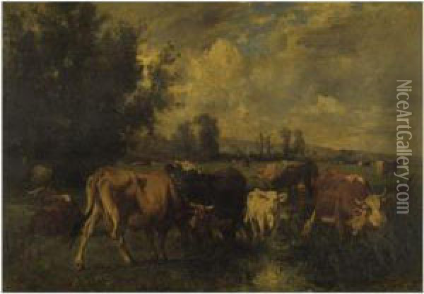 Cattle In A Field Oil Painting - Emile Van Marcke
