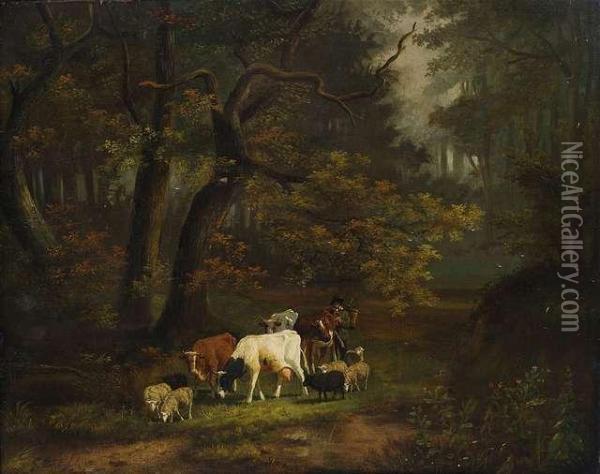 Woods Inside With A Small Herd Oil Painting - Cornelis Johannes De Vogel
