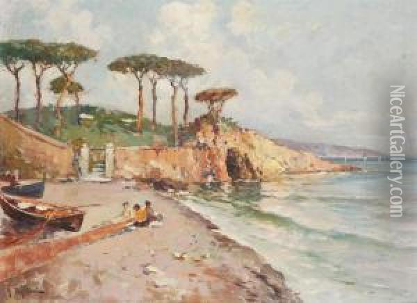 Mediterranean Coastal View With Figures Oil Painting - Arturo Pagliai