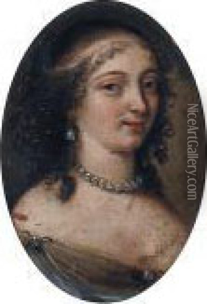 Portrait Of A Lady, Bust-length, In A Pearl Choker And A Decolletedress Oil Painting - Pierre Le Romain I Mignard