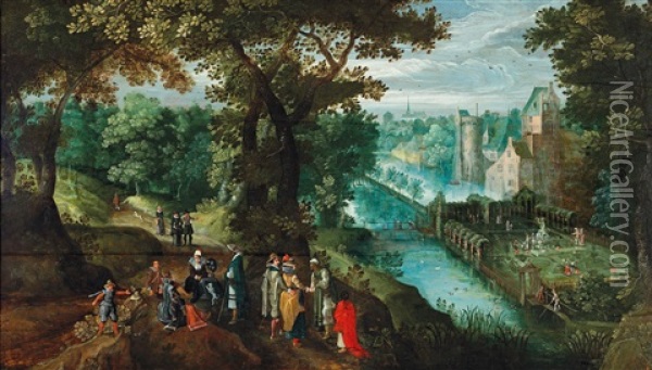 An Elegant Party In A River Landscape Oil Painting - Gillis Van Coninxloo III