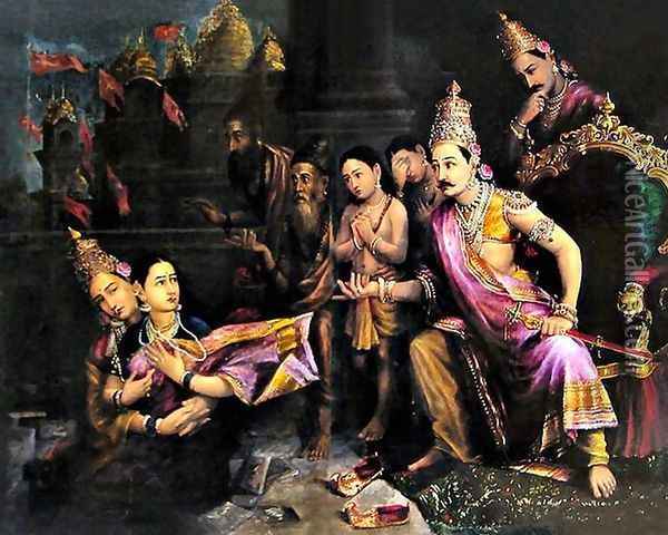 Sita taken by Goddess Earth Oil Painting - Raja Ravi Varma