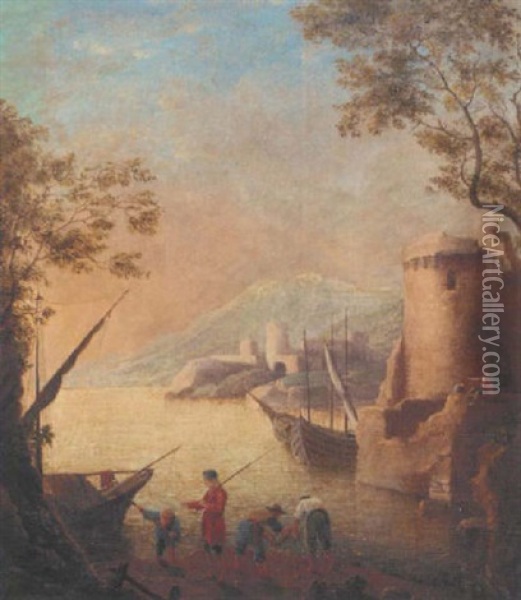 A Harbour At Sunset With Fishermen By The Shore Oil Painting - Claude Lorrain