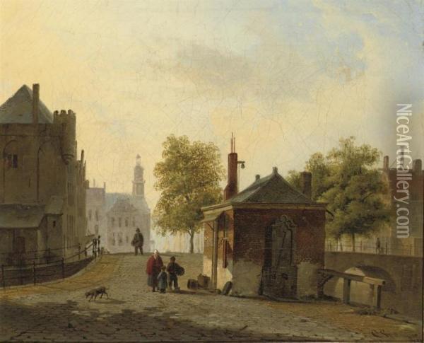 Townspeople In A Sunlit Dutch City Street Oil Painting - Cornelis Springer