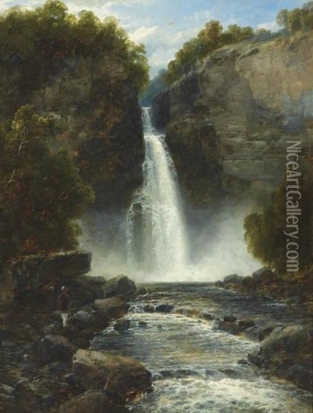 An Angler Before A Waterfall Oil Painting - John Brandon Smith