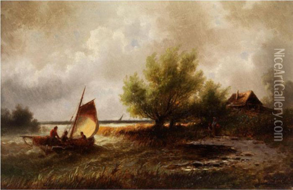Uferlandschaft Mit Segelboot Und Einem Haus Im Hintergrund Oil Painting - Albert Rieger