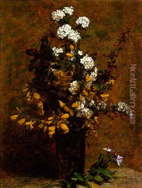 Broom And Other Spring Flowers In A Vase Oil Painting - Henri Fantin-Latour