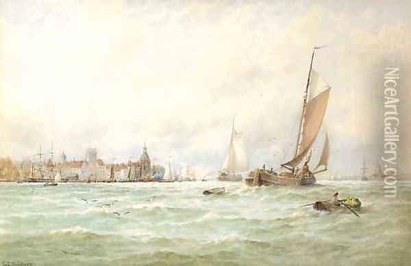 Fishing vessels off Dordrecht harbour Oil Painting - George Stanfield Walters