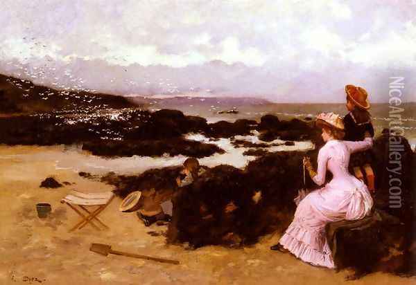 Femme Et Enfants Sur La Plage (Lady and Two Children on the Beach) Oil Painting - Ernest Ange Duez