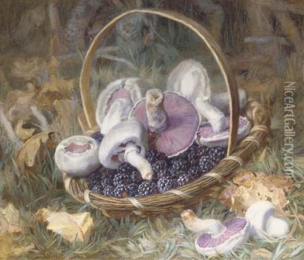 A Basket Of Wild Mushrooms And Blackberries Oil Painting - Jabez Bligh
