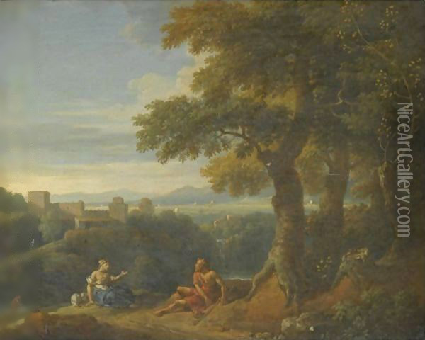 An Italianate Landscape With Two Figures Resting In The Foreground Oil Painting - Jan Frans Van Bloemen (Orizzonte)