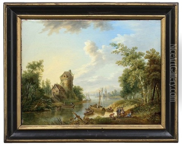 Sommerliche Flusslandschaften Mit Reicher Figurenstaffage (pair) Oil Painting - Franz Hochecker