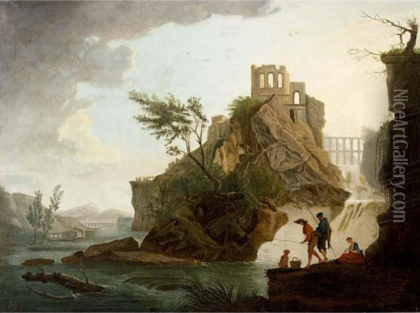 Anglers In A Mountainous River Landscape, A View Of A Ruin On A Hill Top Beyond Oil Painting - Claude-joseph Vernet