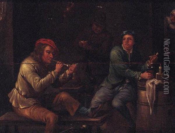 Peasants Smoking In A Tavern Interior Oil Painting - David The Younger Teniers