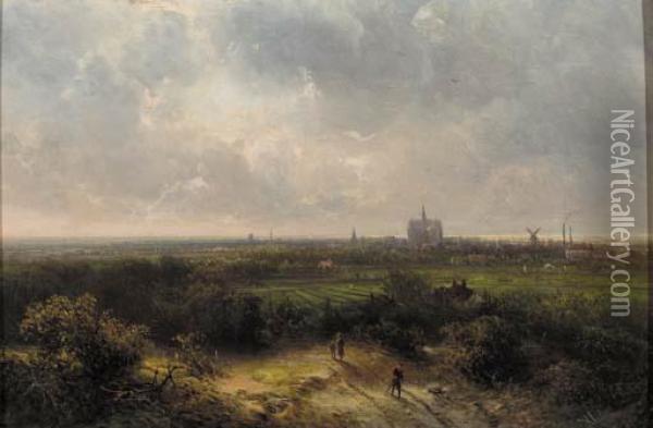 Travellers In The Dunes With Haarlem Beyond Oil Painting - Pieter Lodewijk Francisco Kluyver