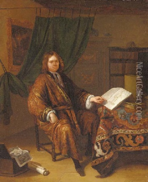 Portrait Of A Connoisseur At A Table With A Book Of Drawings In An Interior Oil Painting - Richard Brakenburg