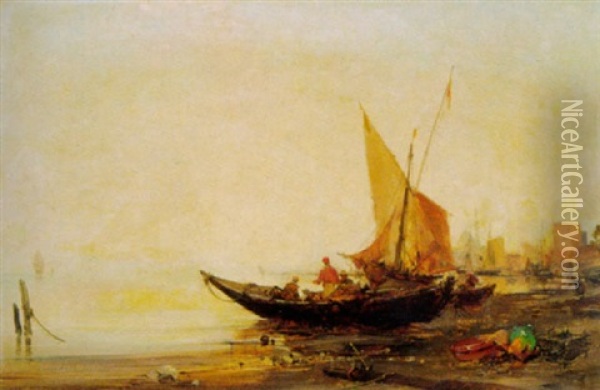 Fischer Mit Ihren Booten Am Strand Bei Sonnenuntergang Oil Painting - Paul Bistagne