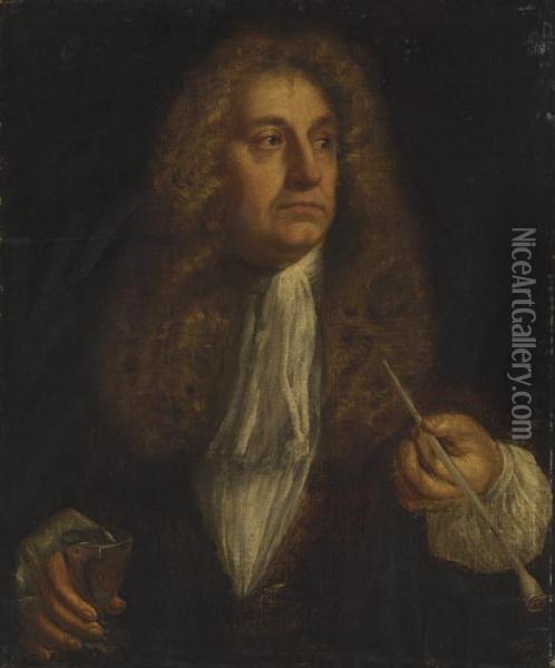 Portrait Of A Gentleman, Bust-length, Holding A Pipe Oil Painting - Sir Godfrey Kneller