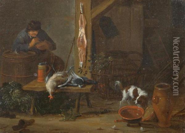 Interior With Pipe Smoker, Game And Dog Oil Painting - Adriaen de Gryef