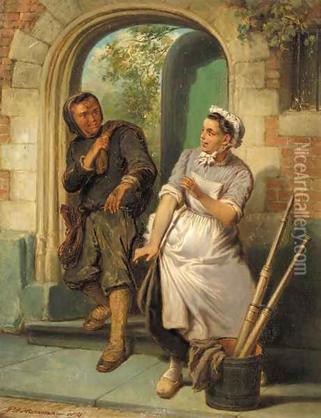 The Chimney-sweeper and the maid Oil Painting - Pieter Haaxman