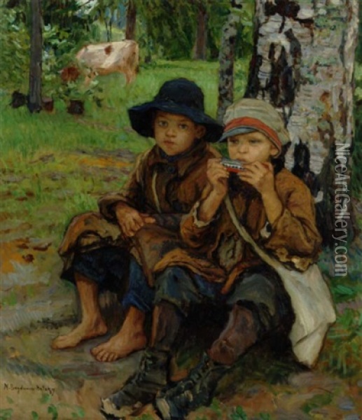 To Drenge I En Skovbund, Den Ene Spiller Pa Mundharmonika Oil Painting - Nikolai Petrovich Bogdanov-Bel'sky