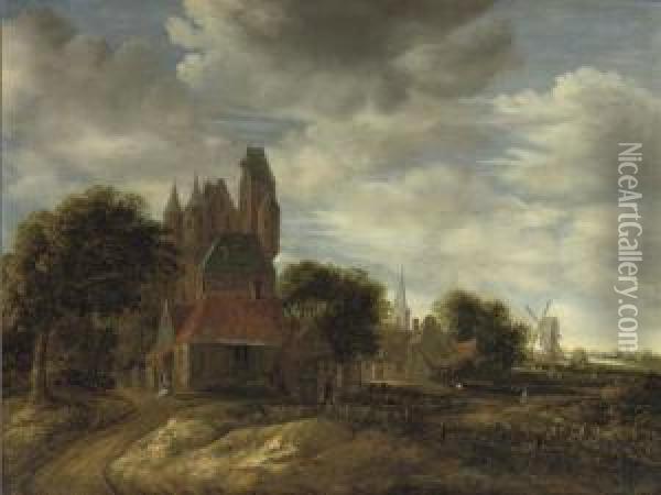 The Outskirts Of A Town With Cottages And A Castle, A Church And Awindmill Beyond Oil Painting - Jan Van Der Heyden