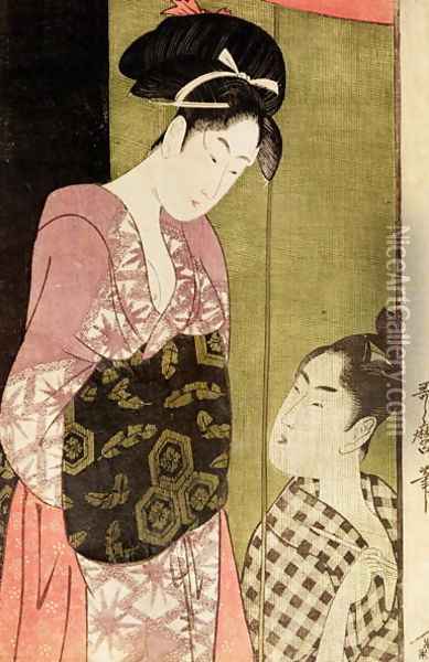 A Man Painting a Woman Oil Painting - Kitagawa Utamaro