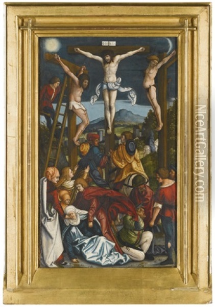 The Crucifixion; A Male Saint Lying Prostrate Beneath A Pear Tree (recto/ Verso) Oil Painting - Lucas Cranach the Elder