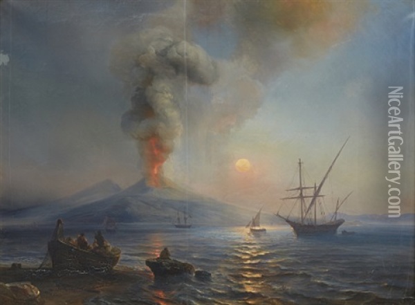 The Gulf Of Naples With Vesuvius In The Background Oil Painting - Baron Jean Antoine Theodore Gudin