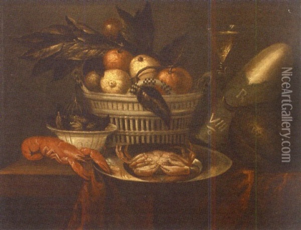 Nature Morte Au Panier De Fruits, Crustaces Et Melon Sur Une Table Oil Painting - Jan Albertsz Rootius