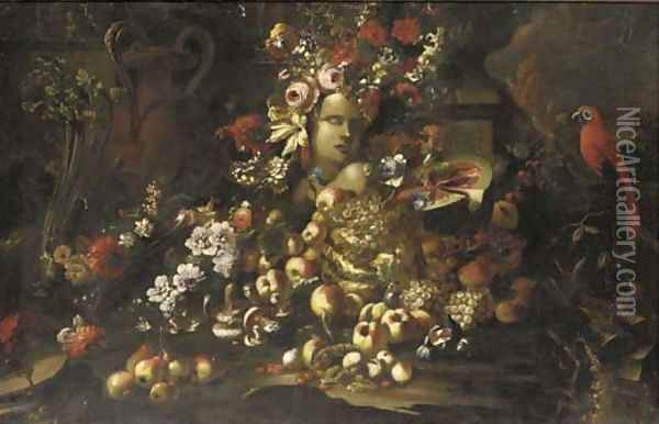 A marble bust surrounded by roses Oil Painting - Giovanni Paolo Castelli, Called Spadino