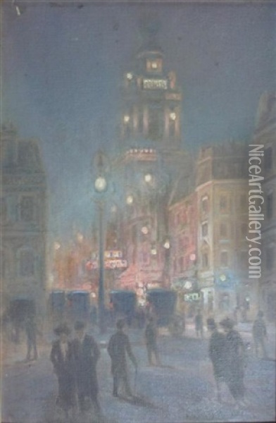 London Street By Lamplight And Rouen (2 Works) Oil Painting - Roderick Dempster Mackenzie