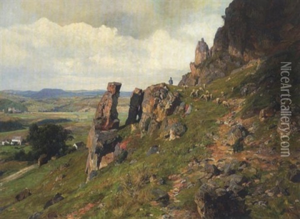 Felsenlandschaft Mit Schafherde (frankische Schweiz?) Oil Painting - Konrad Ludwig Lessing