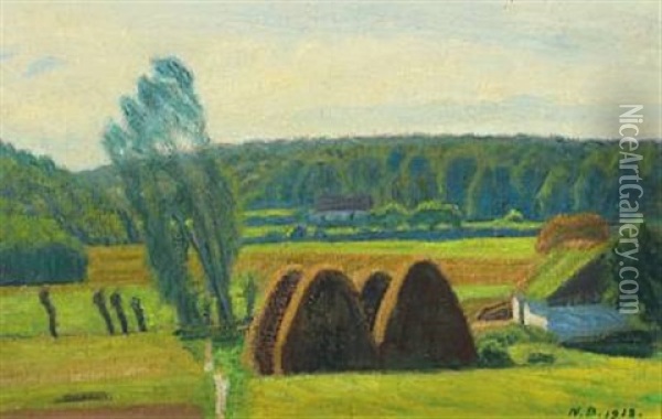 Landscape With Haystacks And House Oil Painting - Niels Bjerre