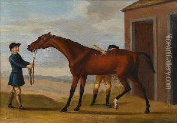 Bay Malton, Held By A Groom, Being Rubbeddown Oil Painting - J. Francis Sartorius