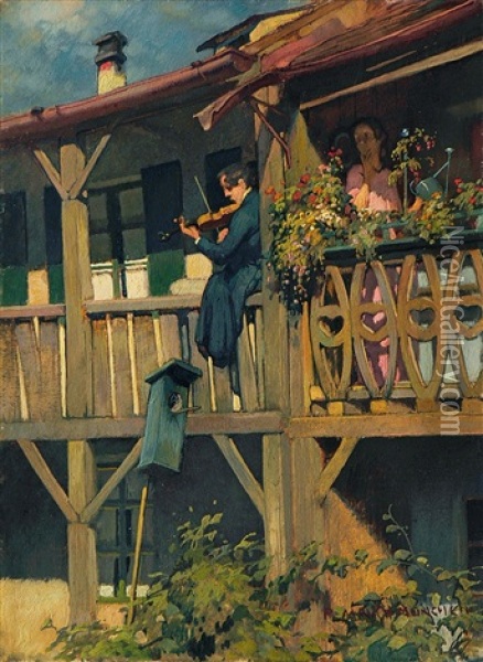 Geiger Auf Dem Balkon, Belauscht Von Der Nachbarin Oil Painting - Richard Mauch