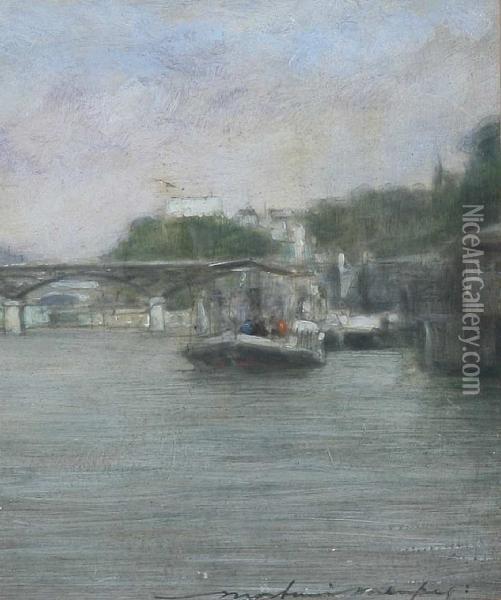 Paddle Boat On A River With Bridge Inbackground Oil Painting - Mortimer Luddington Mempes
