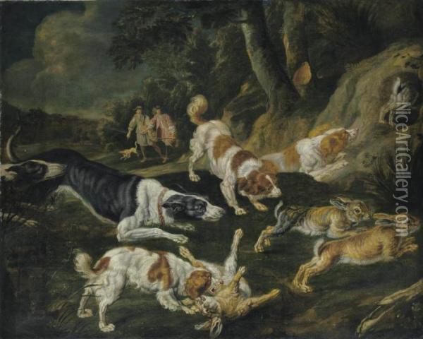 Hares Brought Down By Hounds With Two Hunters In The Distance Oil Painting - Jan Fyt