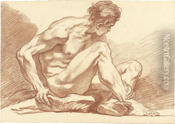 An Academy Study: A Seated Male Nude Oil Painting - Francois Boucher