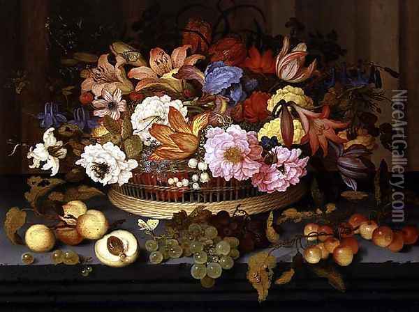 Still Life of Fruit and a Basket of Flowers, 1623 Oil Painting - Balthasar Van Der Ast