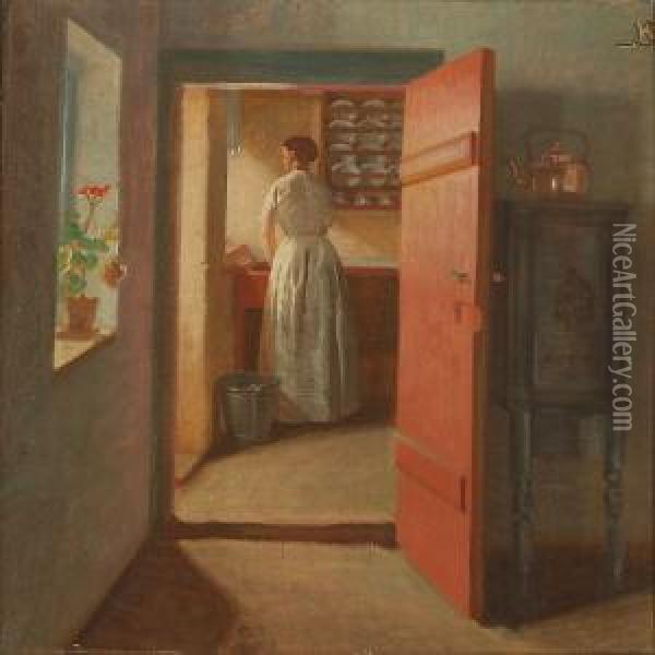 Interior With A Woman Oil Painting - Knud Sinding