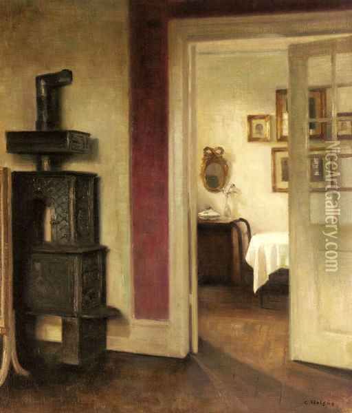 An Interior with a Stove and a View into a Dining Room Oil Painting - Carl Vilhelm Holsoe