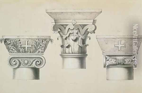 Byzantine capitals from columns in the nave of the church of St. Demetrius in Thessalonica, pub. by Day & Son Oil Painting - Texier, Charles Felix Marie